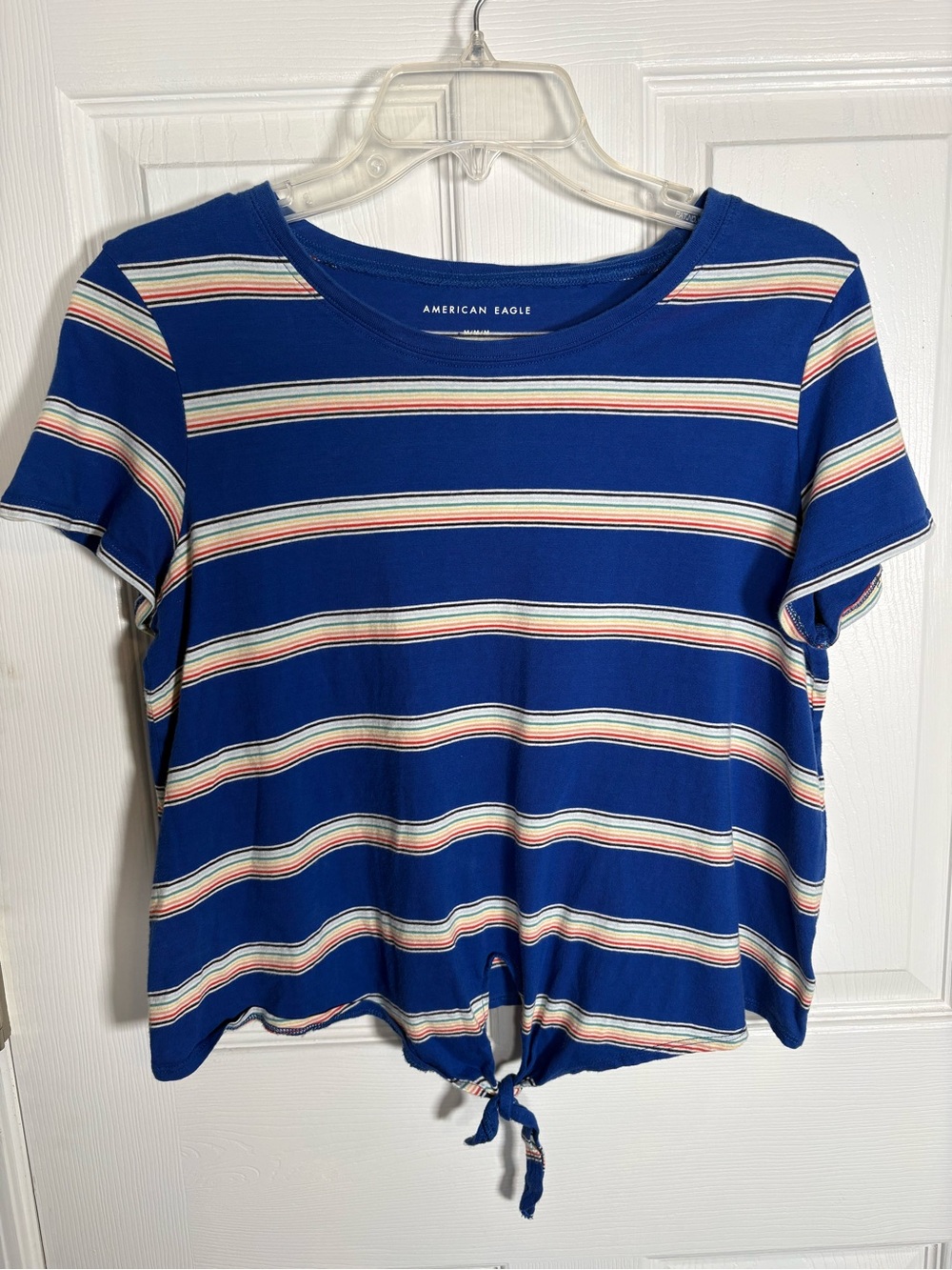 American Eagle Outfitters Royal Blue Striped Tie-Front Tee size Medium